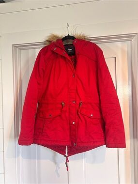ONLY Bright Red Utility Parka with Faux Fur Trim